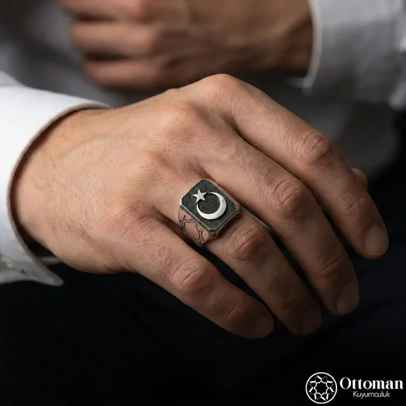 Geometrik Desenli Ay Yıldız Gümüş Yüzük