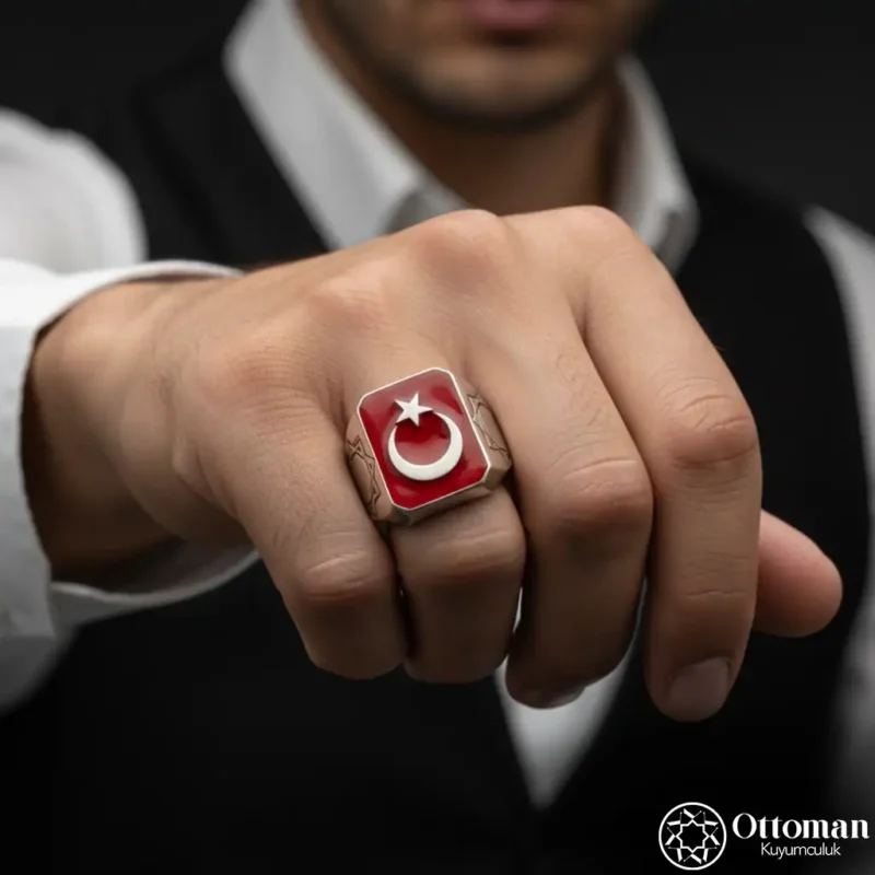 Geometrik Kırmızı Beyaz Ay Yıldız Gümüş Yüzük
