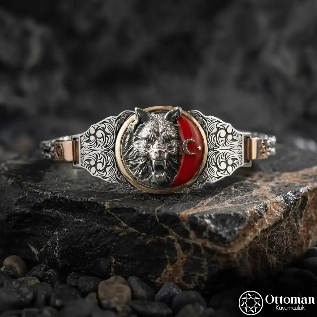 Star and Crescent Grey Wolf Silver Men's Bracelet