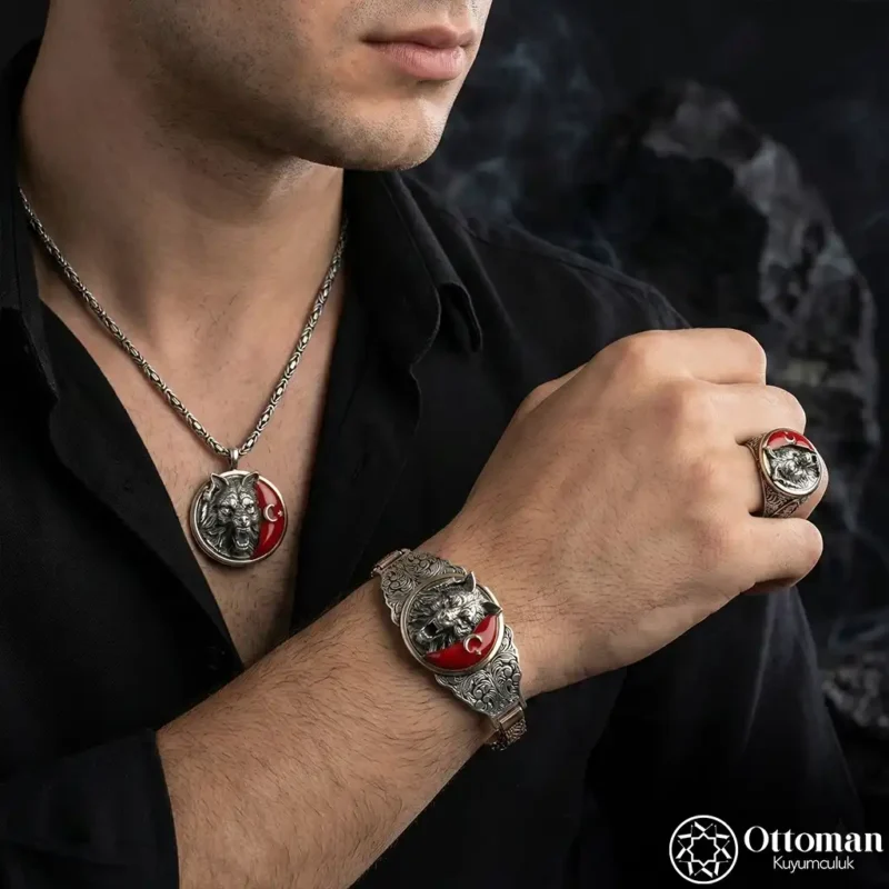 1 Ay Yıldızlı Bozkurt Gümüş Kolye Bileklik ve Yüzük Set