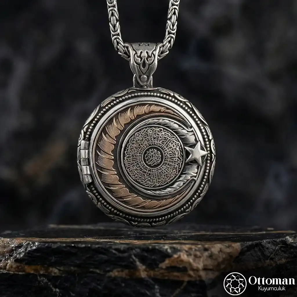 Star and Crescent Personalized Hinged Silver Medallion Necklace