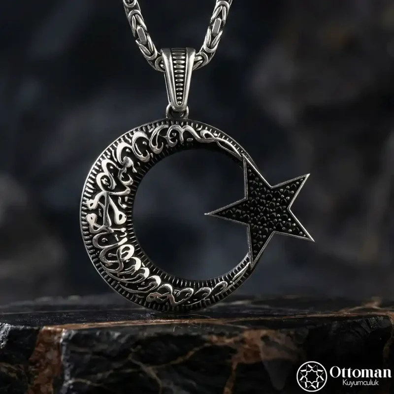 Siyah Ay Yıldız Gümüş Erkek Kolye