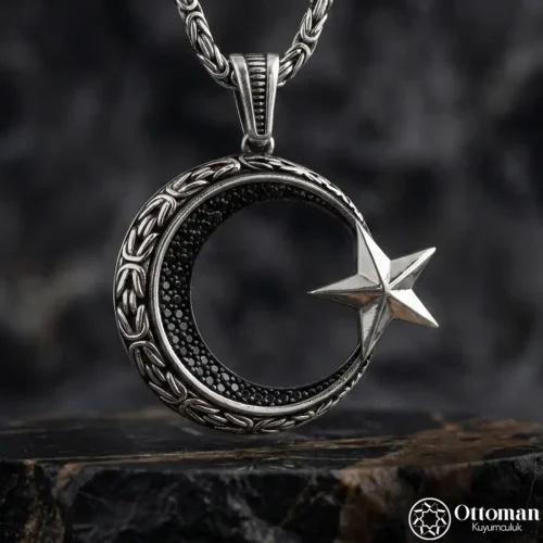 Siyah Taşlı Ay Yıldızlı Gümüş Kolye