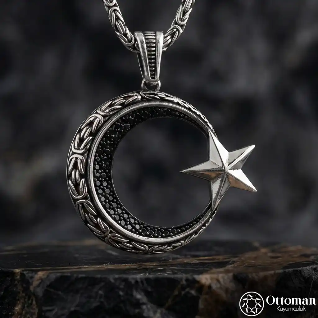 Black Stone-set Star and Crescent Silver Necklace