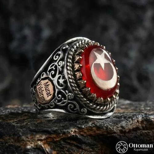 Ay Yıldızlı İsimli Gümüş Erkek Yüzük