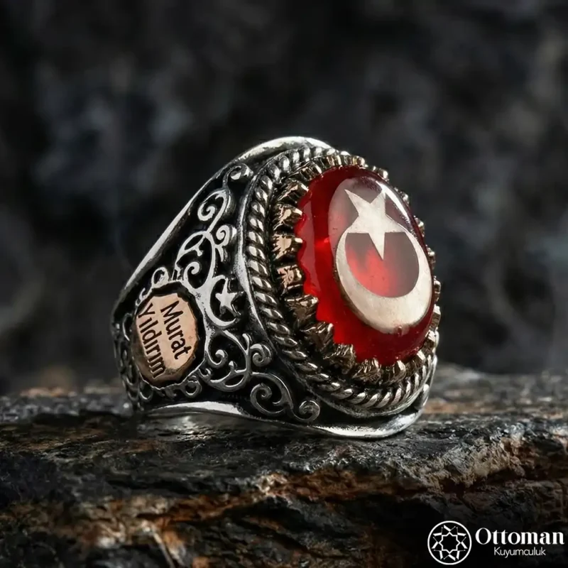 Ay Yıldızlı İsimli Gümüş Erkek Yüzük