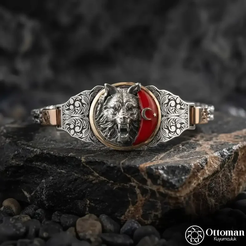 1 (2) Ay Yıldızlı Bozkurt Gümüş Kolye Bileklik ve Yüzük Set