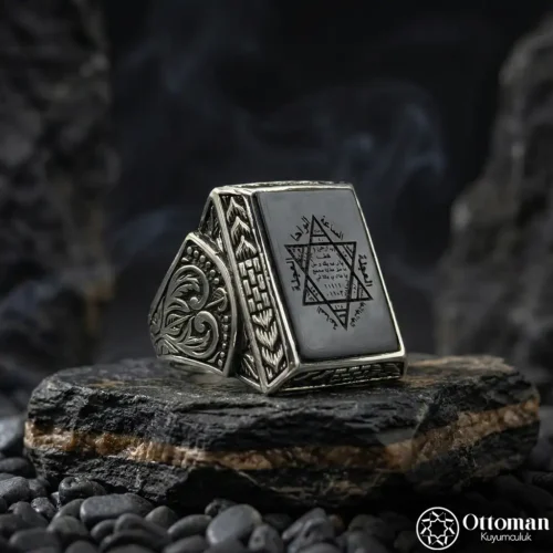 Siyah Taşlı Süleyman Mührü Gümüş Erkek Yüzük