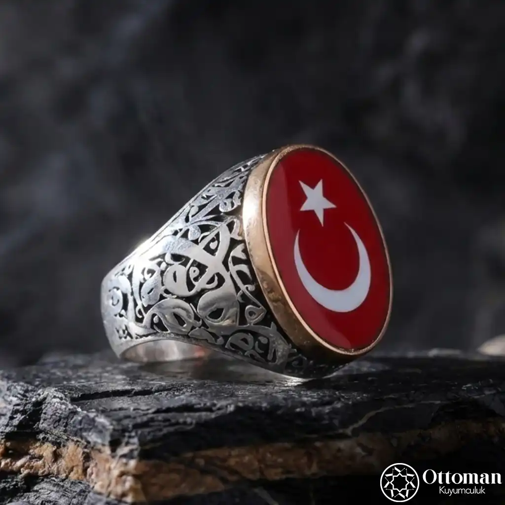 Star and Crescent Oval Silver Ring