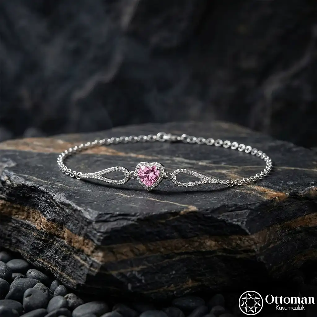 Pink Heart Stone-set Elegant Silver Women's Bracelet