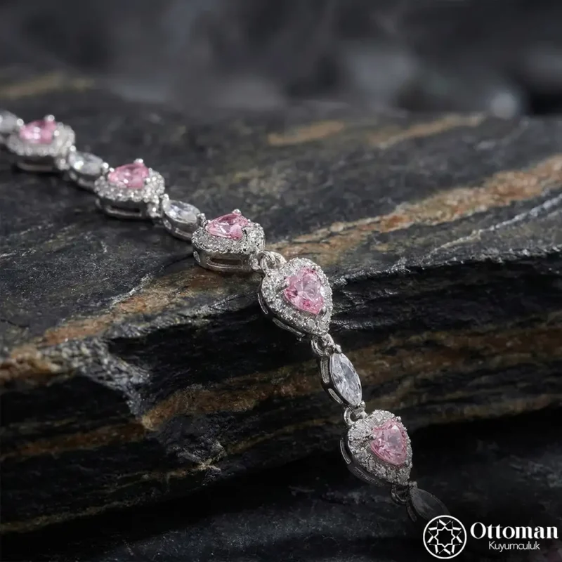 Pembe Taşlı Vintage Stil Gümüş Kadın Bileklik