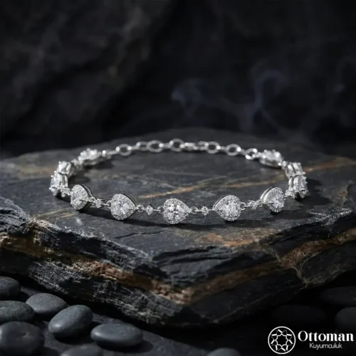 2 Beyaz Taşlı Damla ve Yuvarlak Motifli Gümüş Kadın Bileklik