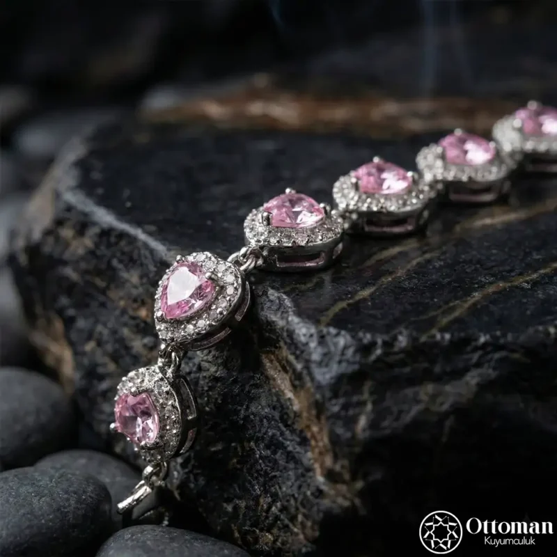 Pembe Taşlı Klasik Sıra Gümüş Kadın Bileklik