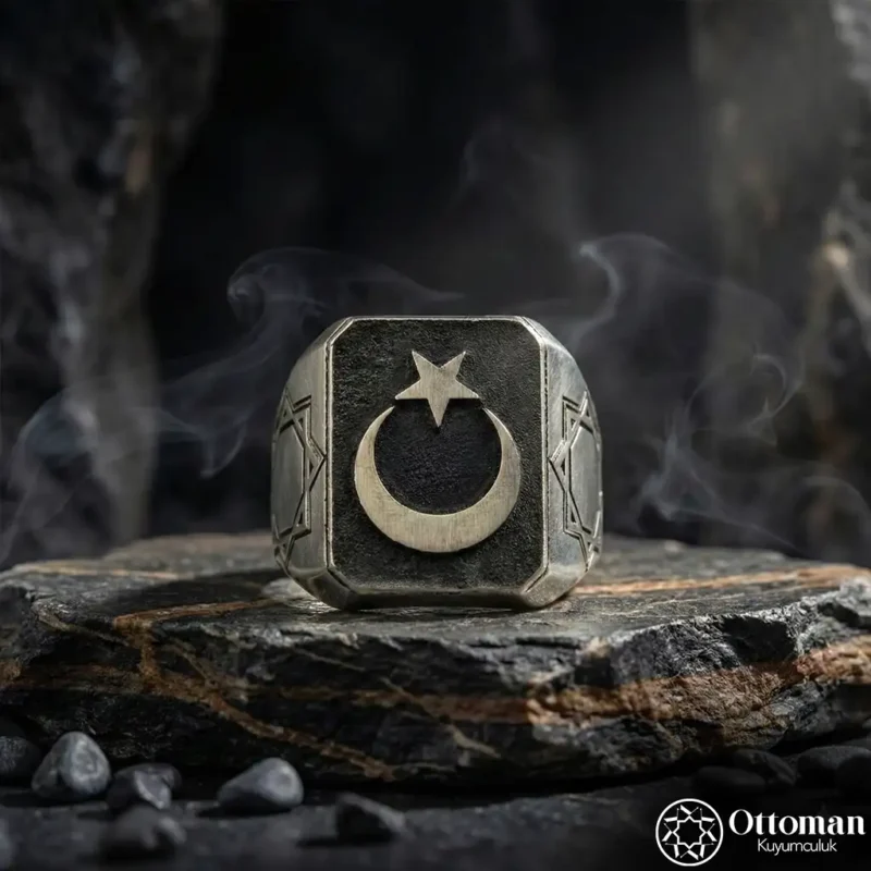 Geometrik Desenli Ay Yıldız Gümüş Yüzük