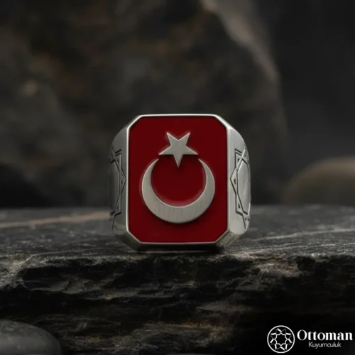 Geometrik Kırmızı Beyaz Ay Yıldız Gümüş Yüzük