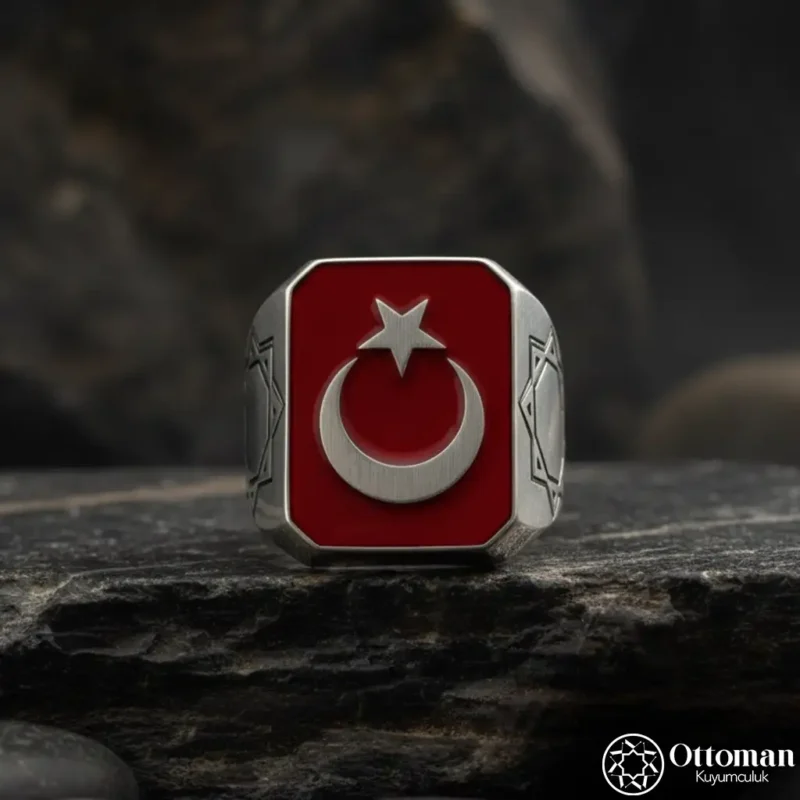 Geometrik Kırmızı Beyaz Ay Yıldız Gümüş Yüzük