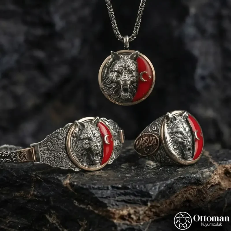 2 Ay Yıldızlı Bozkurt Gümüş Kolye Bileklik ve Yüzük Set