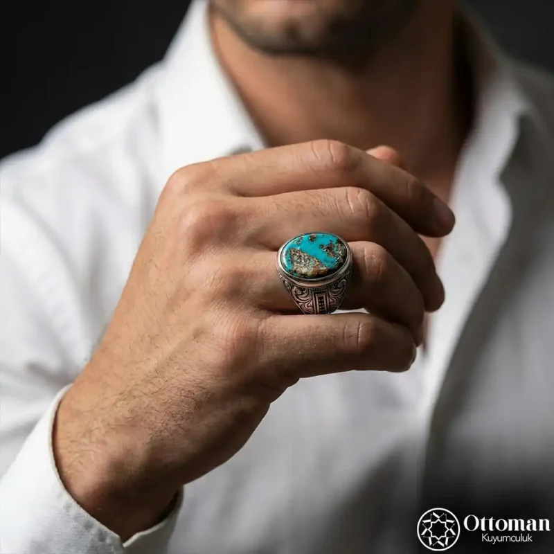 Fi̇ruze Taşlı Gümüş Erkek Yüzük