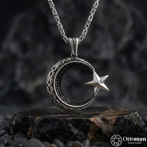2 Siyah Taşlı Ay Yıldızlı Gümüş Kolye