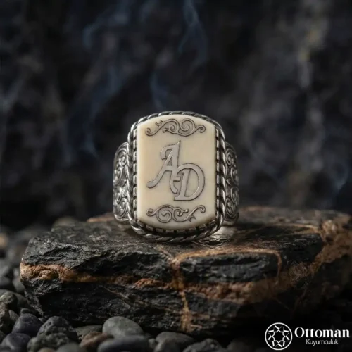 Harfli Taşlı Gümüş Erkek Yüzük