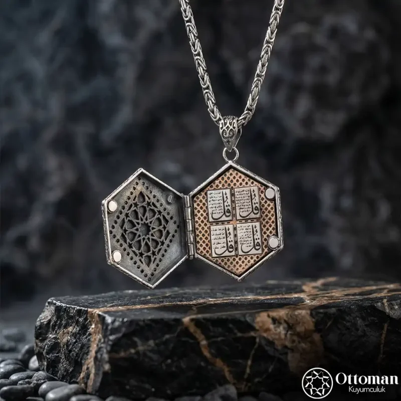 Dualı Altıgen Gümüş Madalyon Kolye