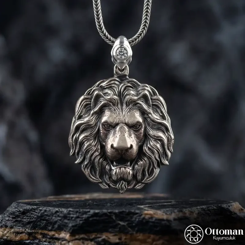 2 Aslan Figürlü Gümüş Zincirli Kolye