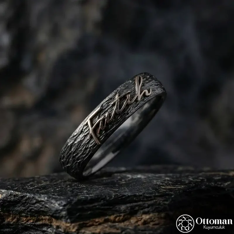 Ağaç Kabuğu Desenli İsimli Gümüş Yüzük