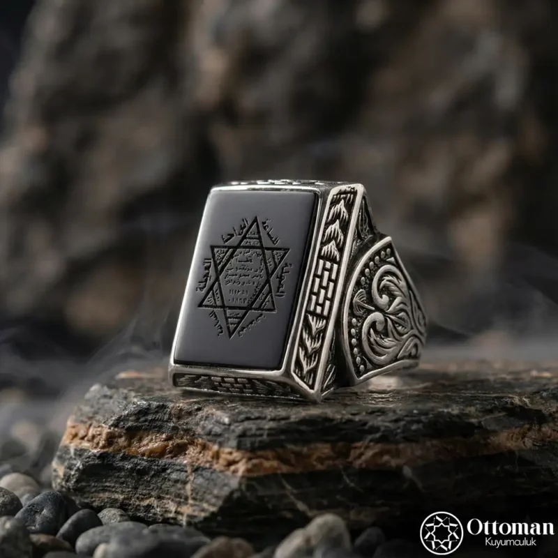 Siyah Taşlı Süleyman Mührü Gümüş Erkek Yüzük