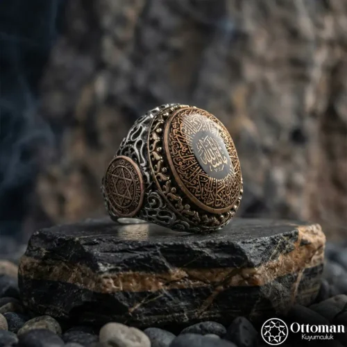 Nazar Dualı Süleyman Mührü İşlemeli Gümüş Erkek Yüzük