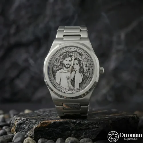 Fotoğraflı Gümüş Kadranlı Erkek Kol Saati