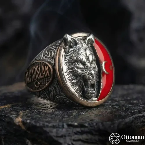 2-83 Ay Yıldızlı Bozkurt Gümüş Kolye Bileklik ve Yüzük Set