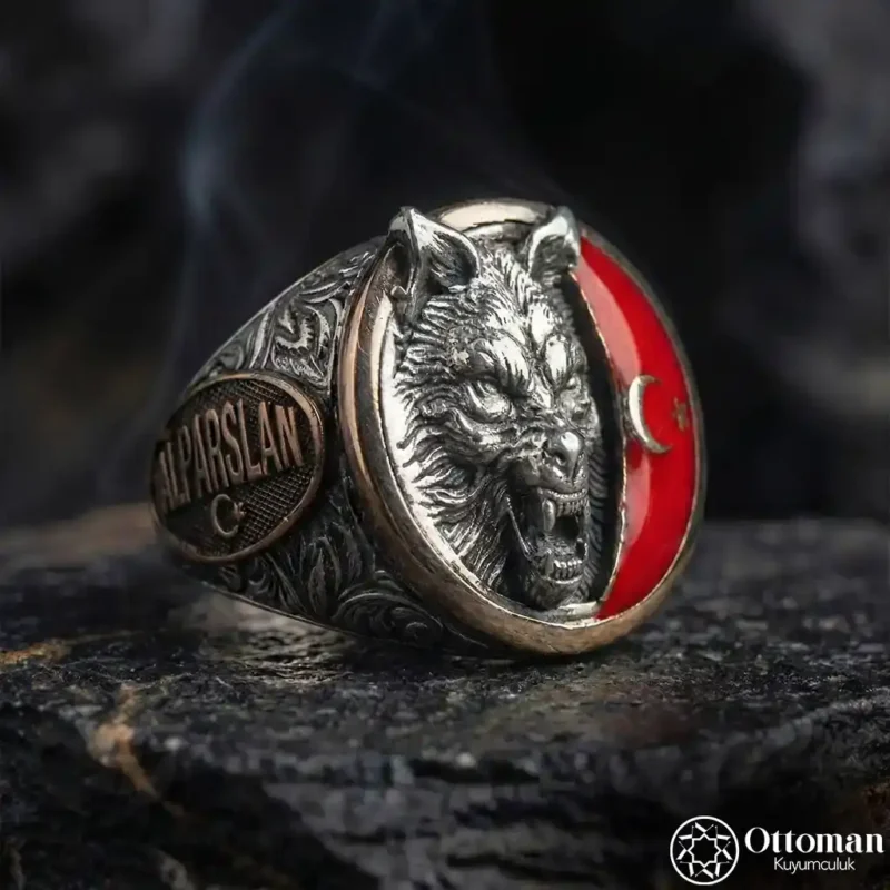 2-83 Ay Yıldızlı Bozkurt Gümüş Kolye Bileklik ve Yüzük Set