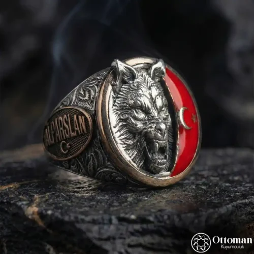 Ay Yıldızlı Bozkurt Gümüş Erkek Yüzük