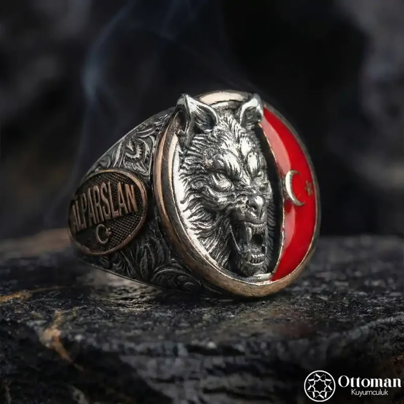 Ay Yıldızlı Bozkurt Gümüş Erkek Yüzük