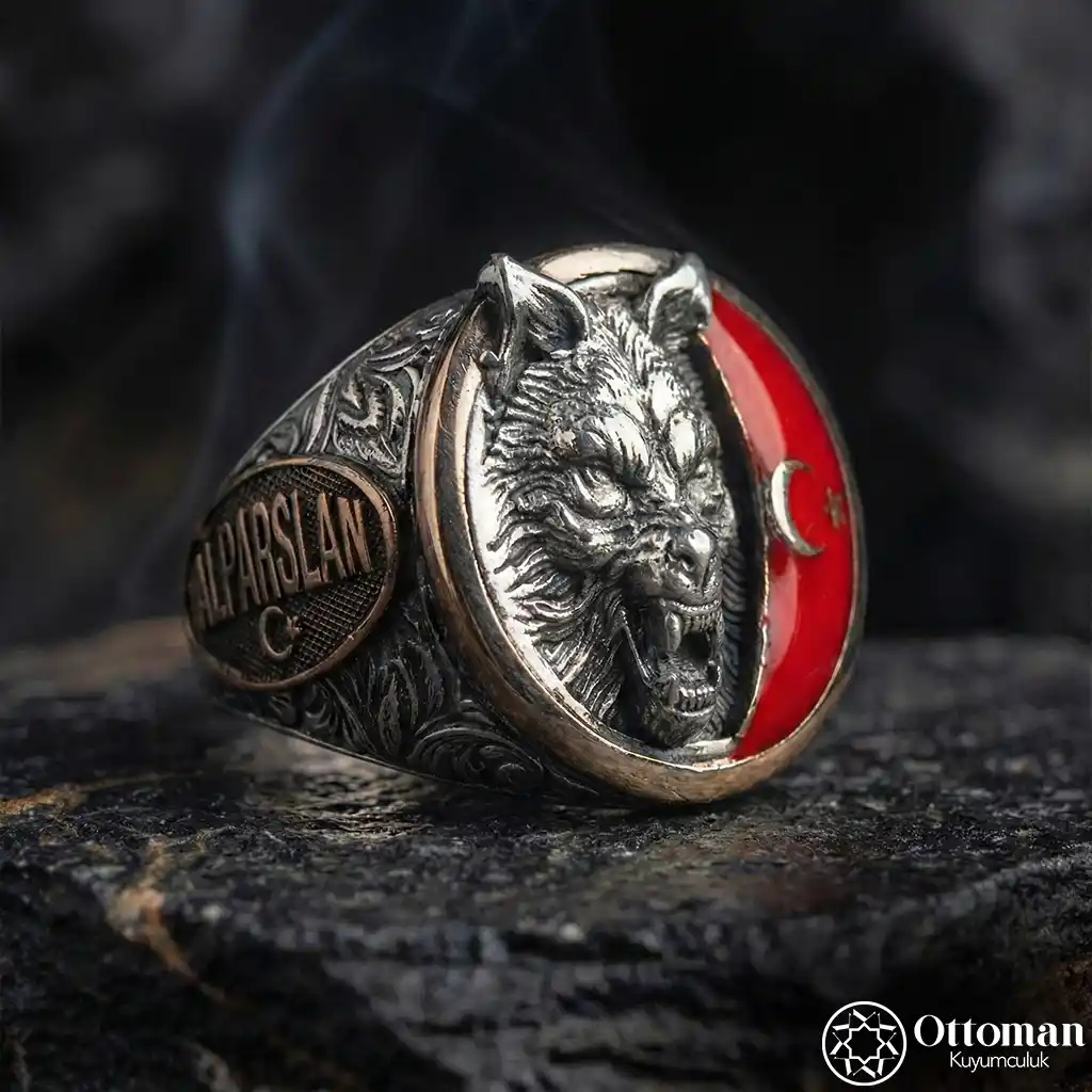 Star and Crescent Grey Wolf Silver Men's Ring