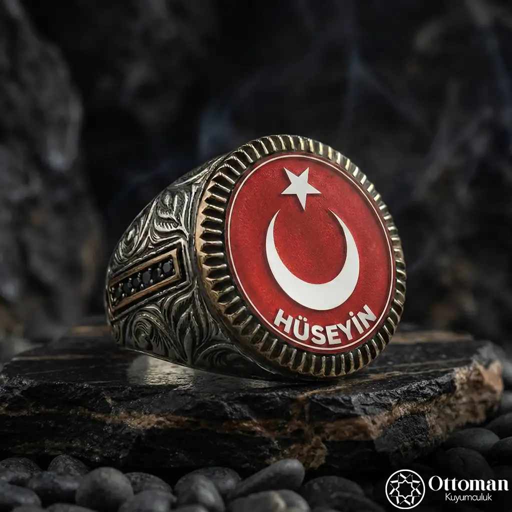 Personalized Star and Crescent Silver Ring