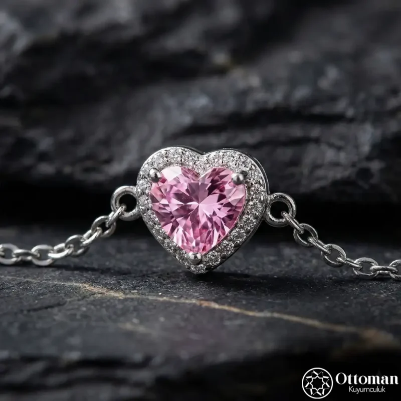 Pembe Kalp Taşlı Zarif Gümüş Kadın Bileklik