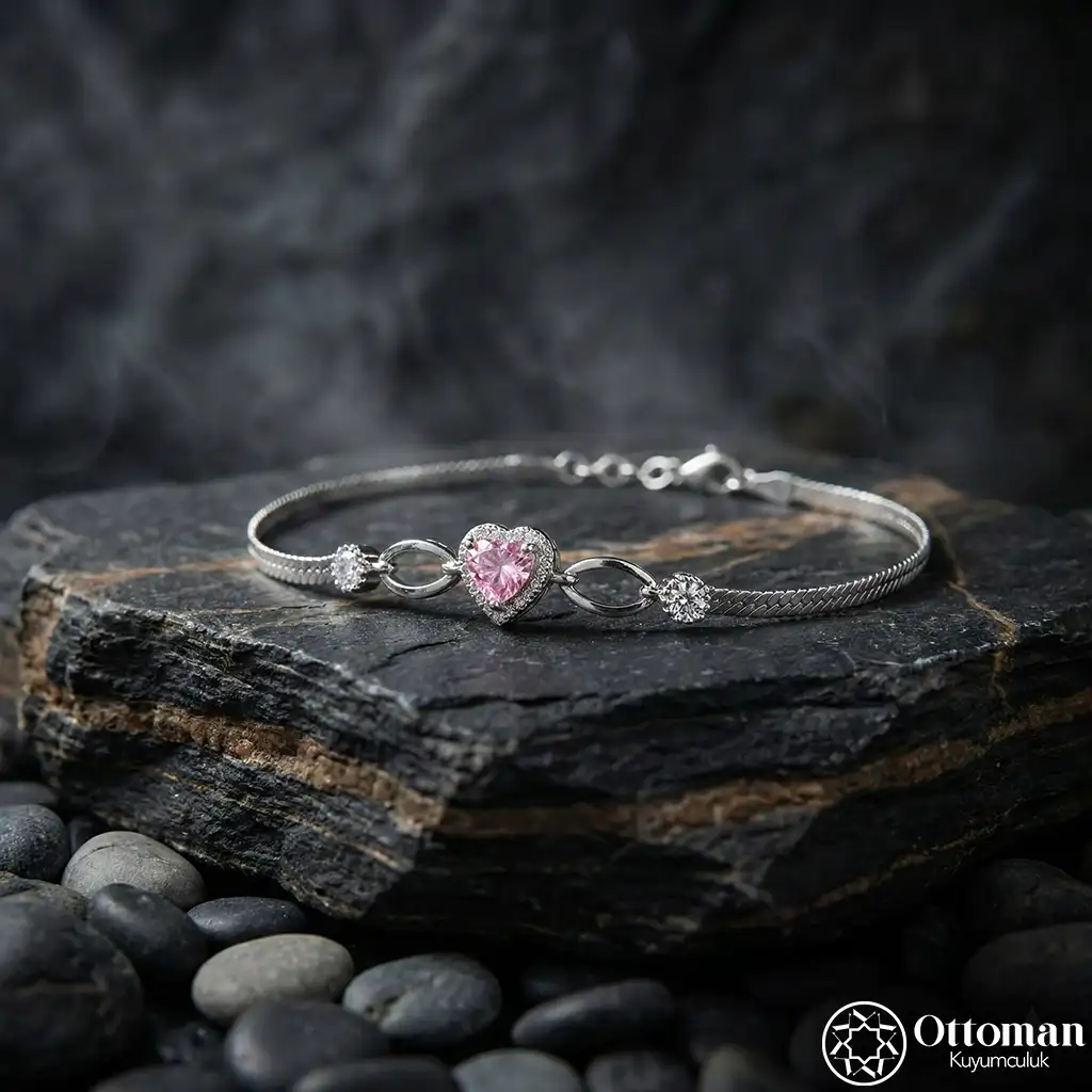 Pink Heart Stone-set Woven Detailed Silver Women's Bracelet