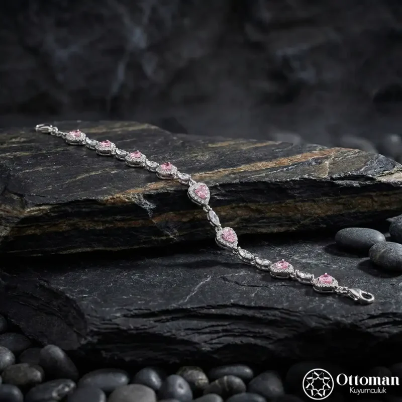 Pembe Taşlı Vintage Stil Gümüş Kadın Bileklik