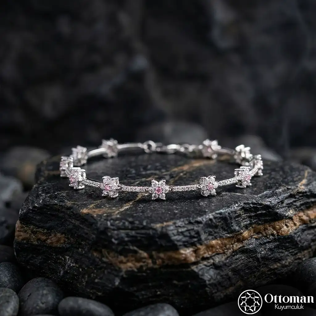 Pink Stone-set Flower Motif Silver Women's Bracelet