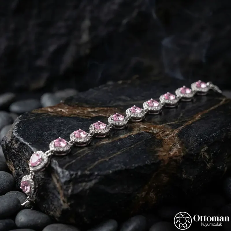 Pembe Taşlı Klasik Sıra Gümüş Kadın Bileklik