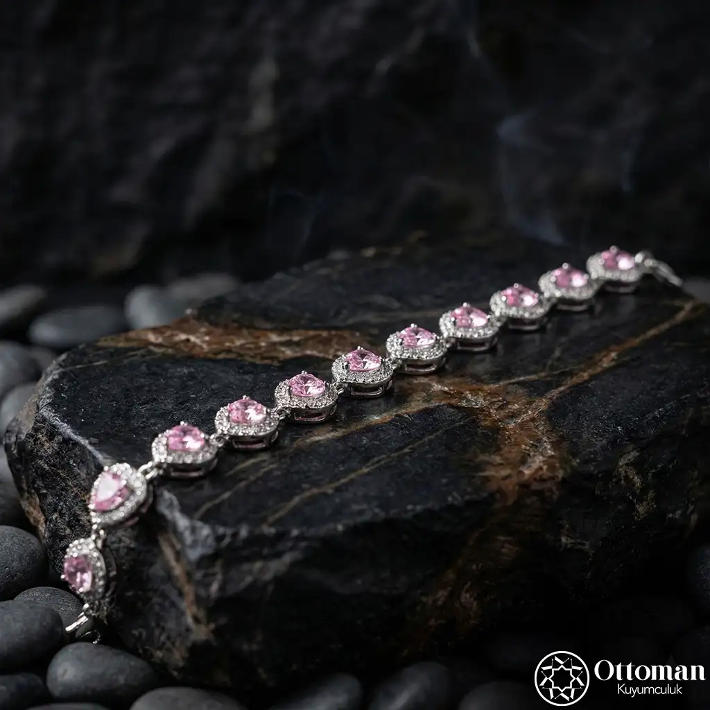 Pink Stone-set Klasik Row Silver Women's Bracelet
