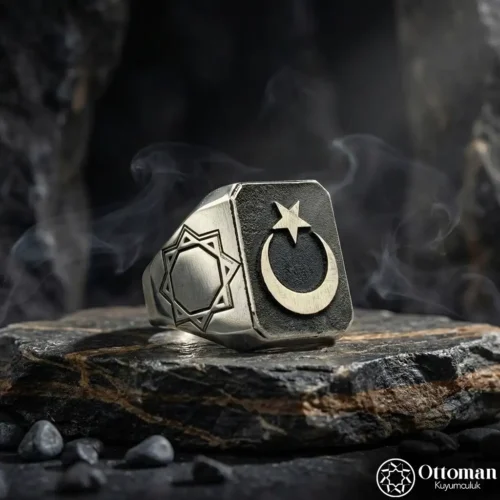 Geometrik Desenli Ay Yıldız Gümüş Yüzük
