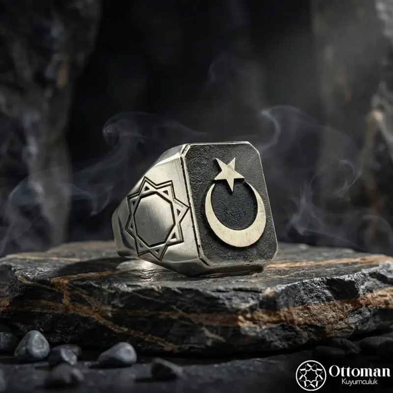 Geometrik Desenli Ay Yıldız Gümüş Yüzük