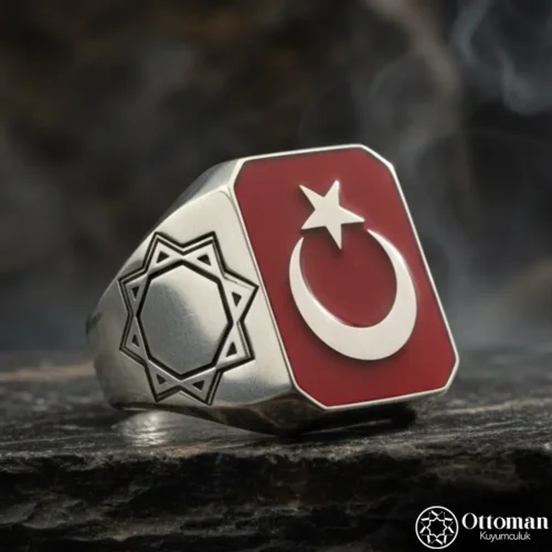 Geometrik Kırmızı Beyaz Ay Yıldız Gümüş Yüzük