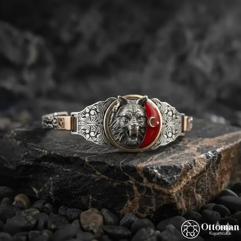 Ay Yıldızlı Bozkurt Gümüş Erkek Bileklik