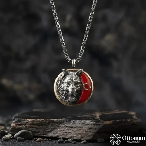 3 Ay Yıldızlı Bozkurt Gümüş Kolye Bileklik ve Yüzük Set