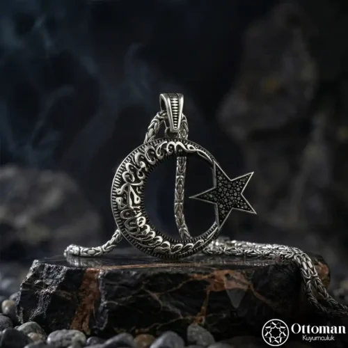 Siyah Ay Yıldız Gümüş Erkek Kolye