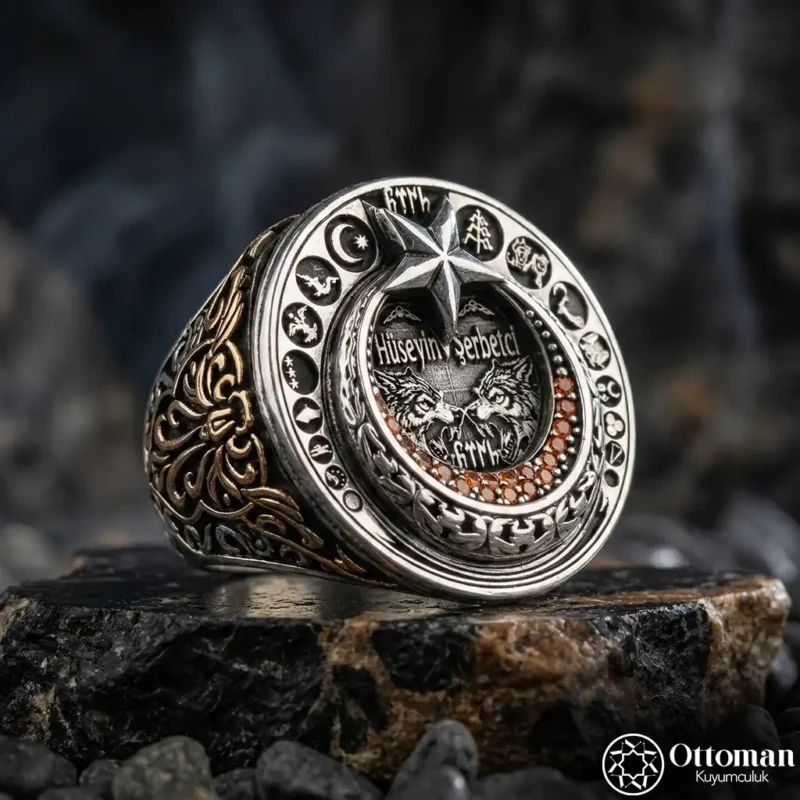 Ay Yıldızlı İsimli Gümüş Erkek Yüzük