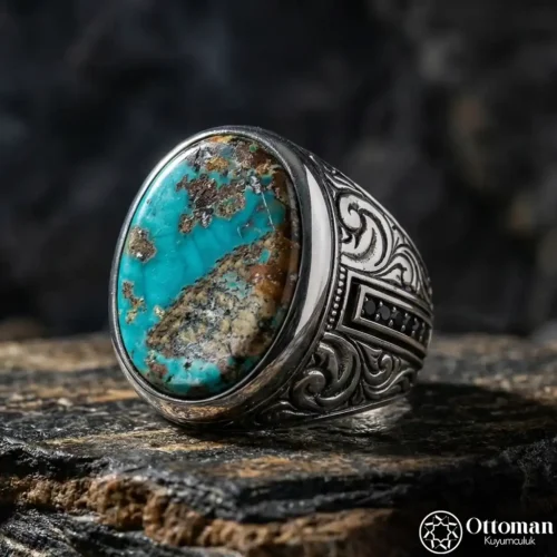 Fi̇ruze Taşlı Gümüş Erkek Yüzük